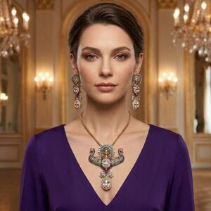 NEW Art Noveau Juno & peacocks signed HEIDIK9 set of necklace/earrings goldtone